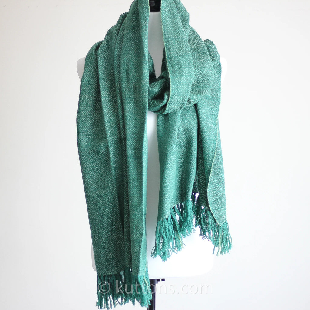 Naturally Dyed Handwoven Merino Wool Eri Silk Shawl Wrap Dyed with Tesu Flowers Indigo Green 25x84