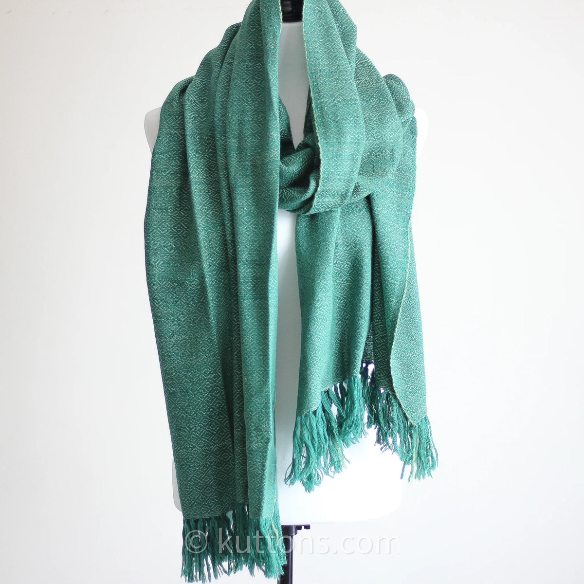 Naturally Dyed Handwoven Merino Wool Eri Silk Shawl Wrap Dyed with Tesu Flowers Indigo Green 25x84