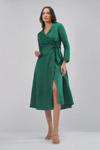 Wrap Linen Midi Dress with Collar Tie Waist Cross Over Waist Tailored Collar European Linen