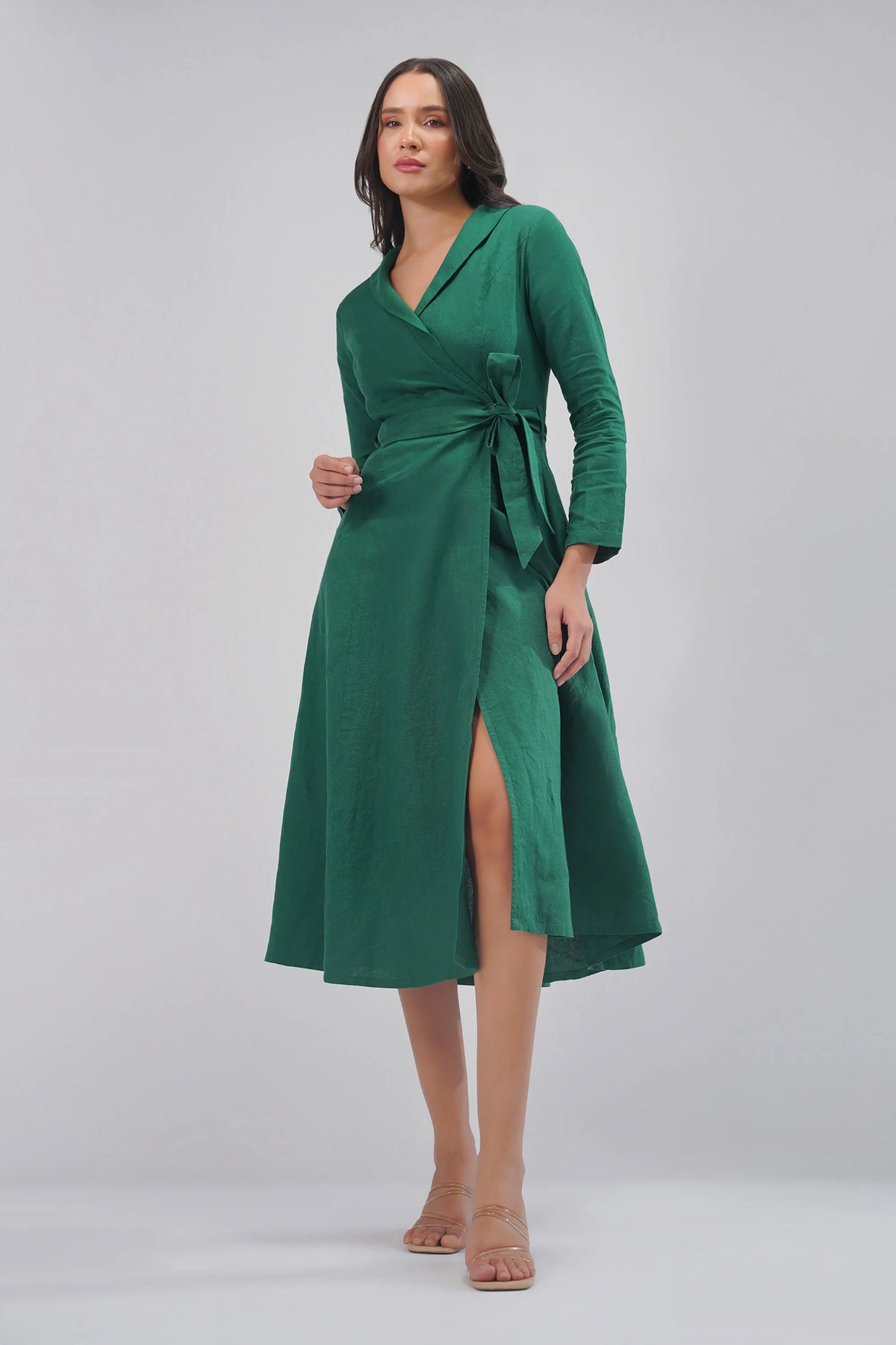 Wrap Linen Midi Dress with Collar Tie Waist Cross Over Waist Tailored Collar European Linen
