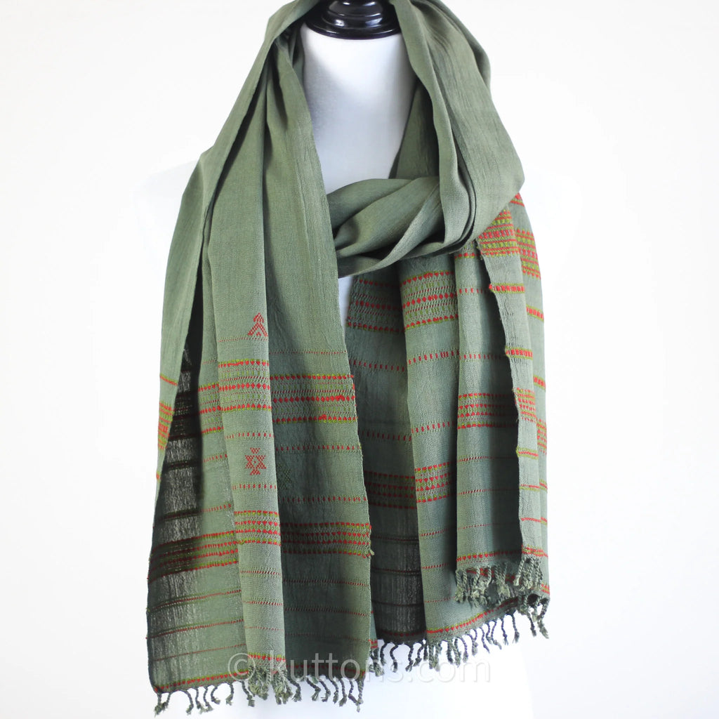 Organic Kala Cotton Scarf Handwoven Stole with Tassels Green 22x76