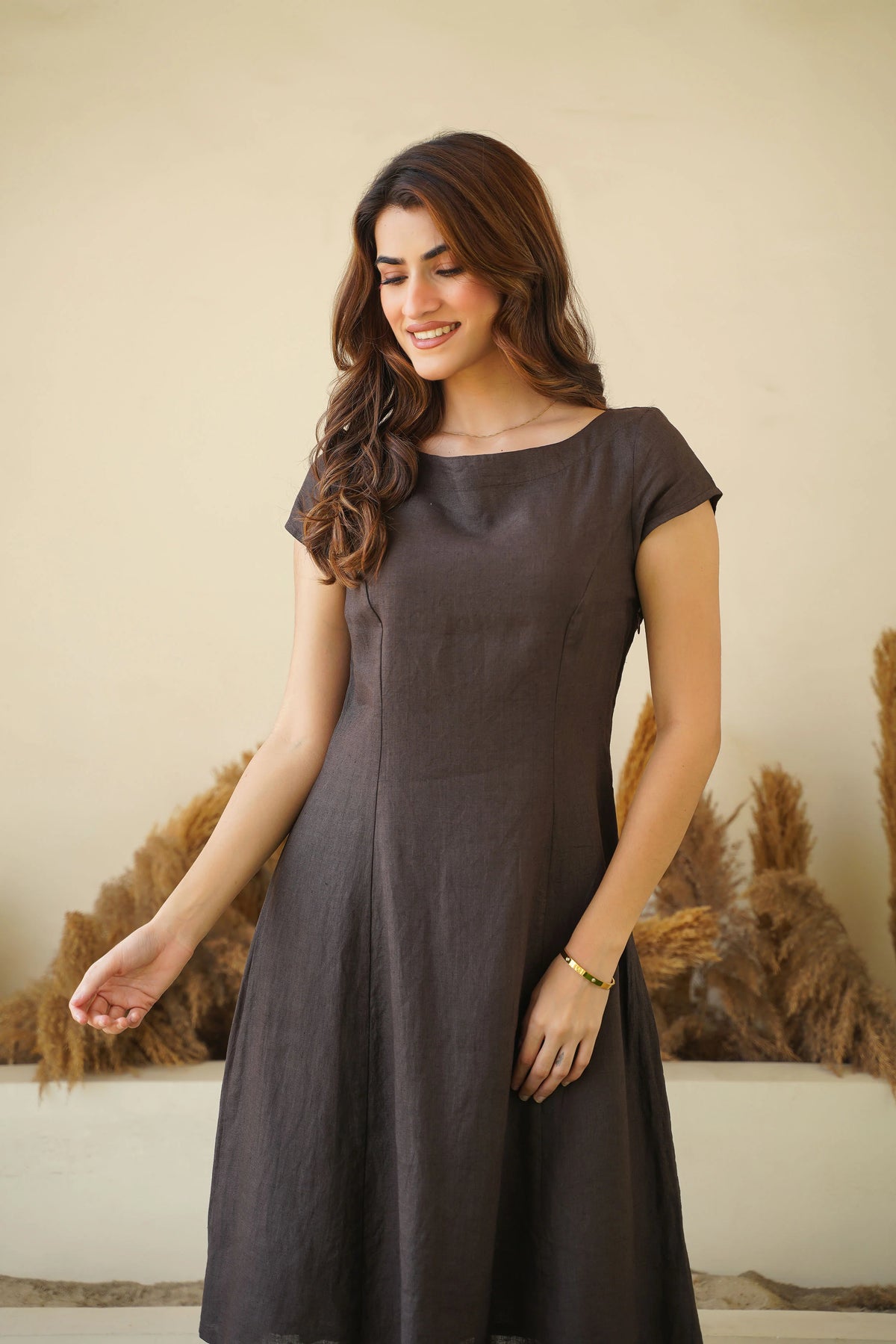 Brown Bliss Linen Dress with Cap Sleeves Boat Neck Princess Seams Short Linen Tunic Dress