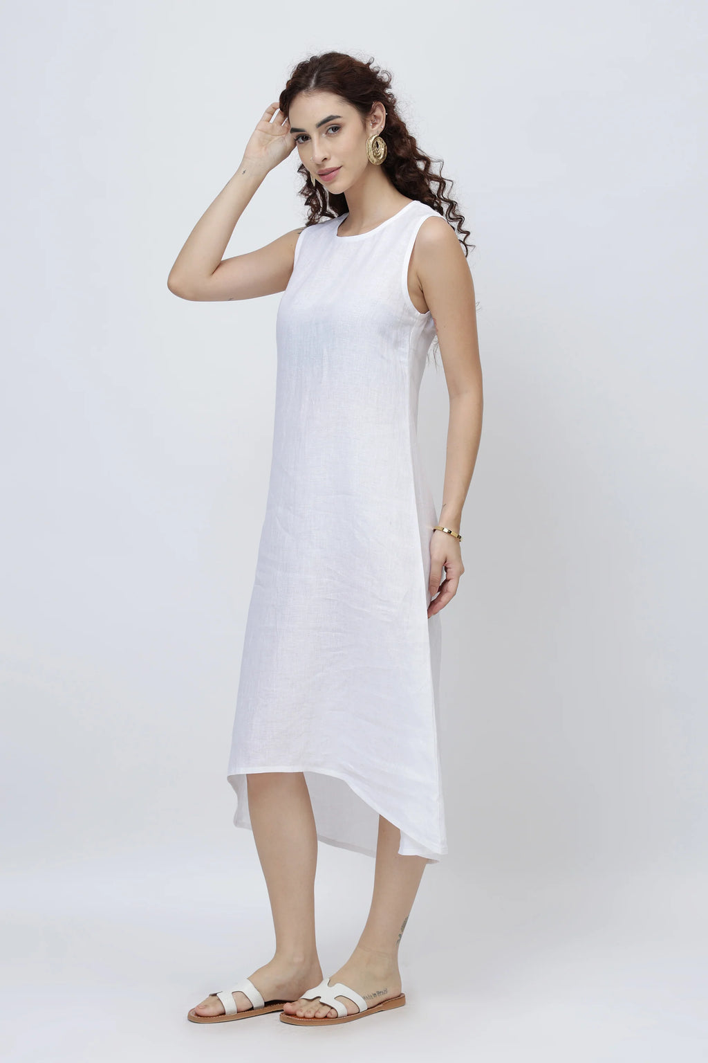 Effortless Linen Shift Midi Dress with High Low Hem