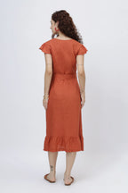 Flutter Sleeve Linen Wrap Midi Dress European Linen