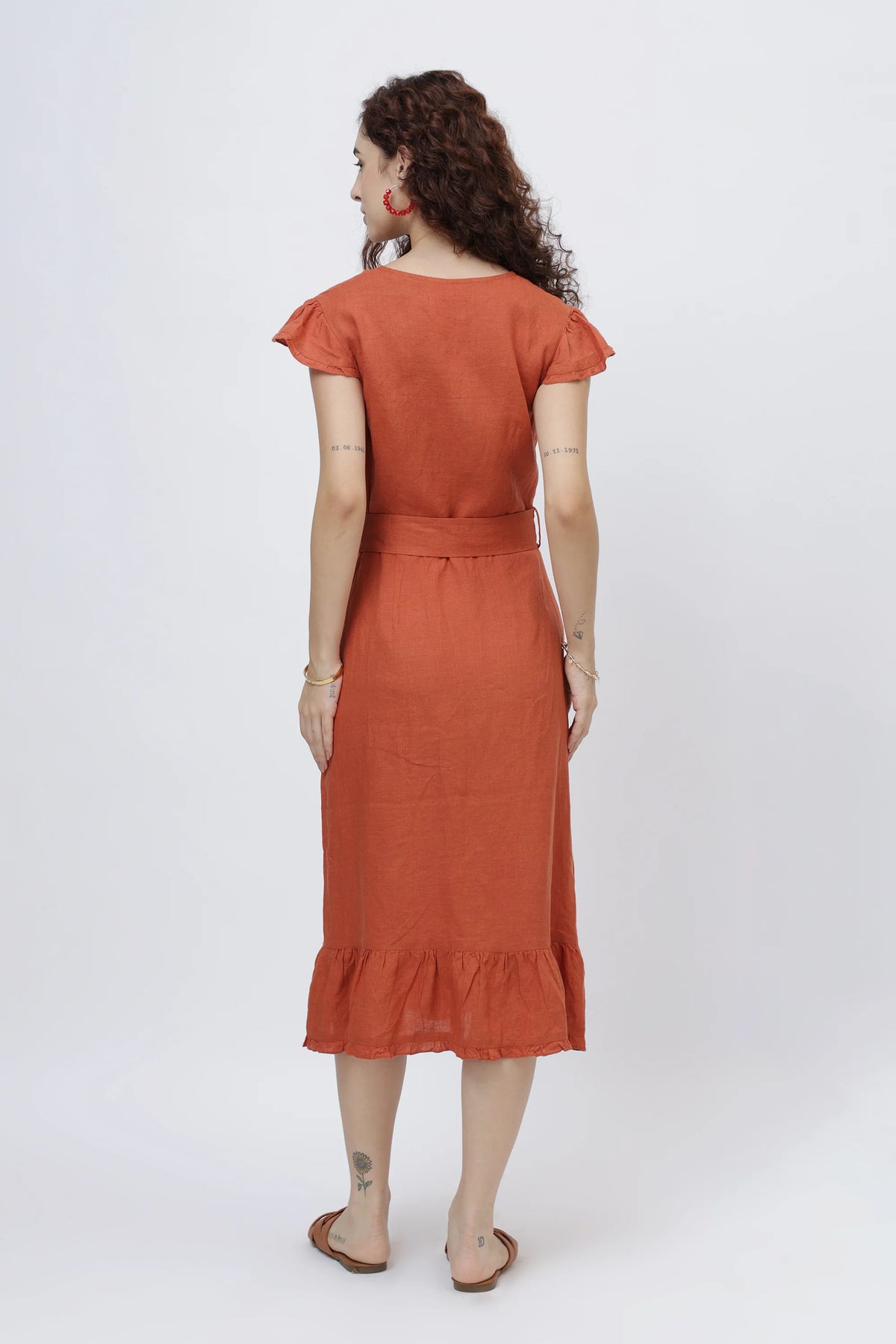 Flutter Sleeve Linen Wrap Midi Dress European Linen
