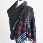 Handspun Handwoven Cotton Scarf with Frayed Edges Azo Free Vat Dyes Black Blue 24x82