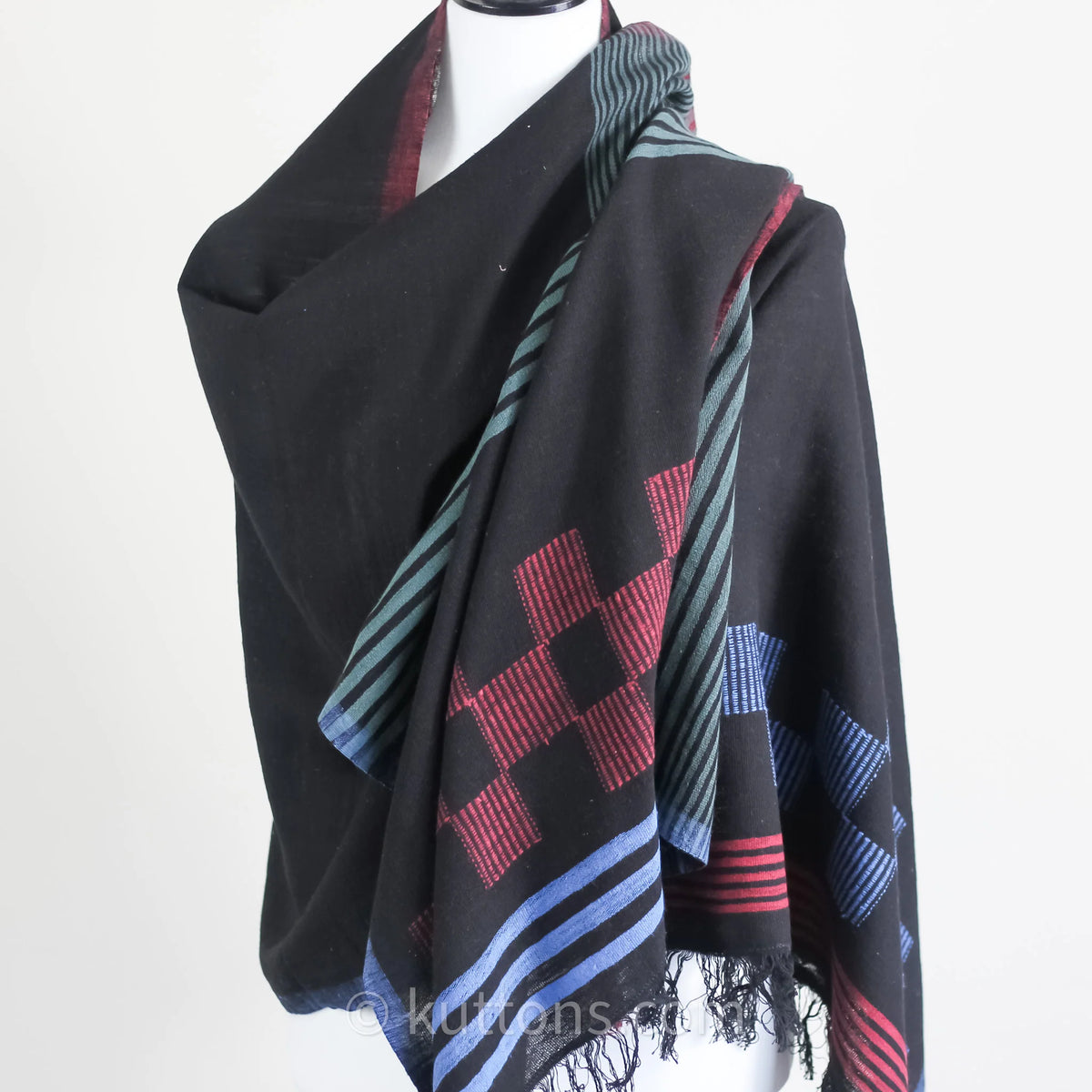 Handspun Handwoven Cotton Scarf with Frayed Edges Azo Free Vat Dyes Black Blue 24x82