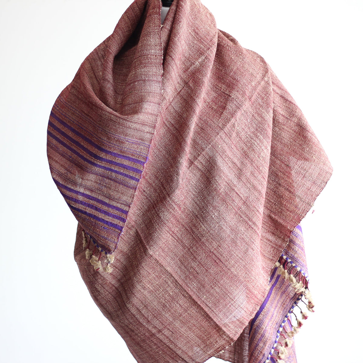 Handspun Tussar Silk Merino Wool Shawl Handwoven with Tassels Maroon 38x87