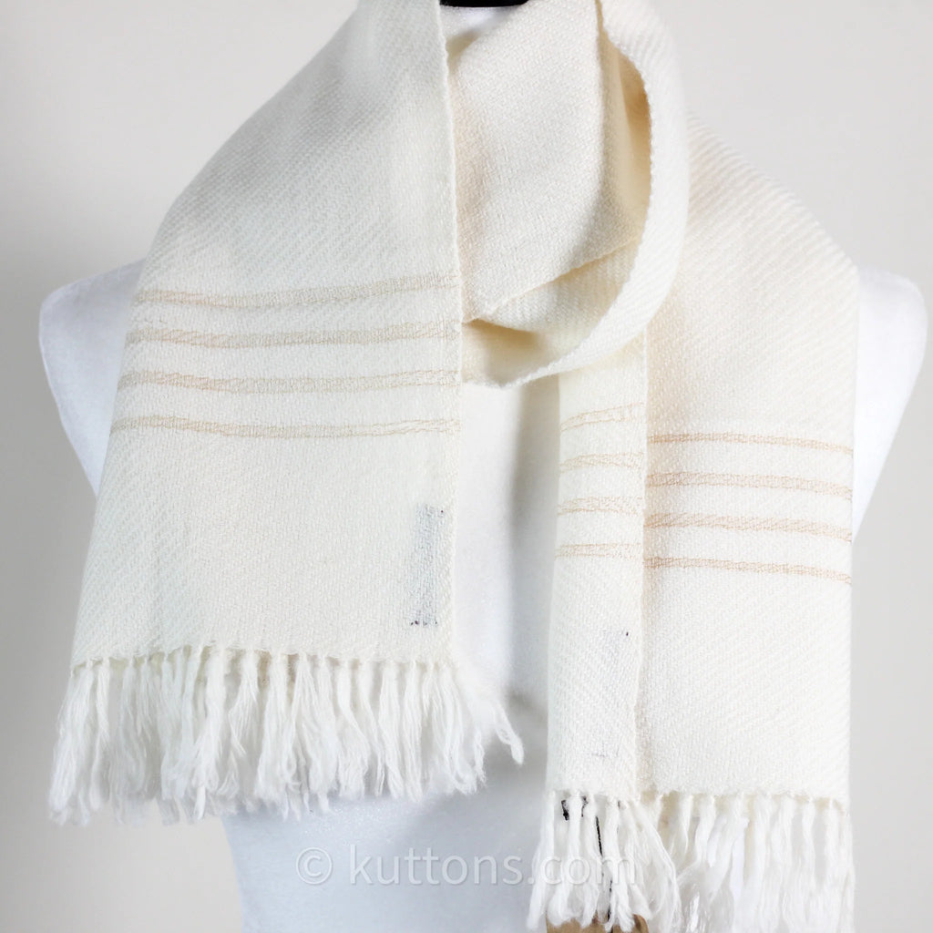 Handwoven Himalayan Merino Woolen Scarf with Tusser Silk Border Cream 11x52 Small