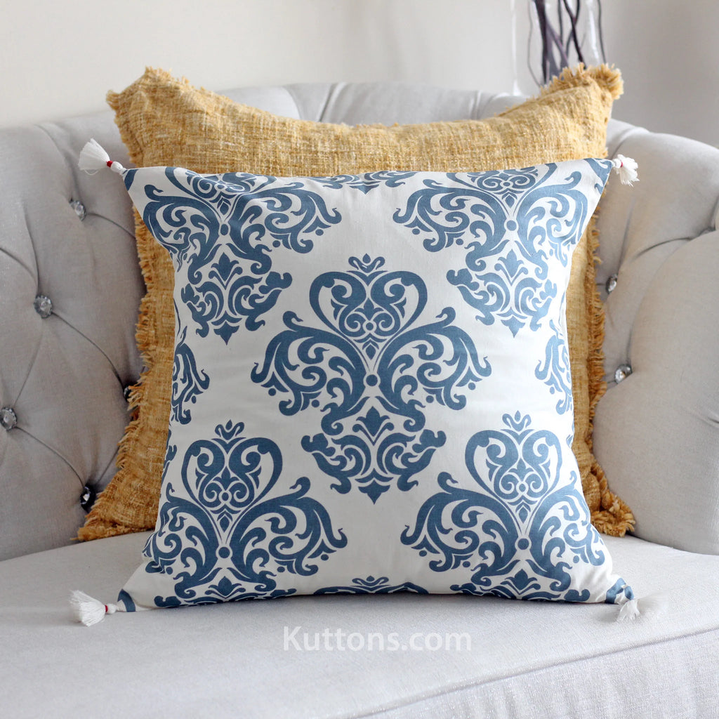 100 Cotton Throw Pillow Cover Hand Screen Printed with Damask Motif Corner Tassels Cream Blue Set of 2 20x20