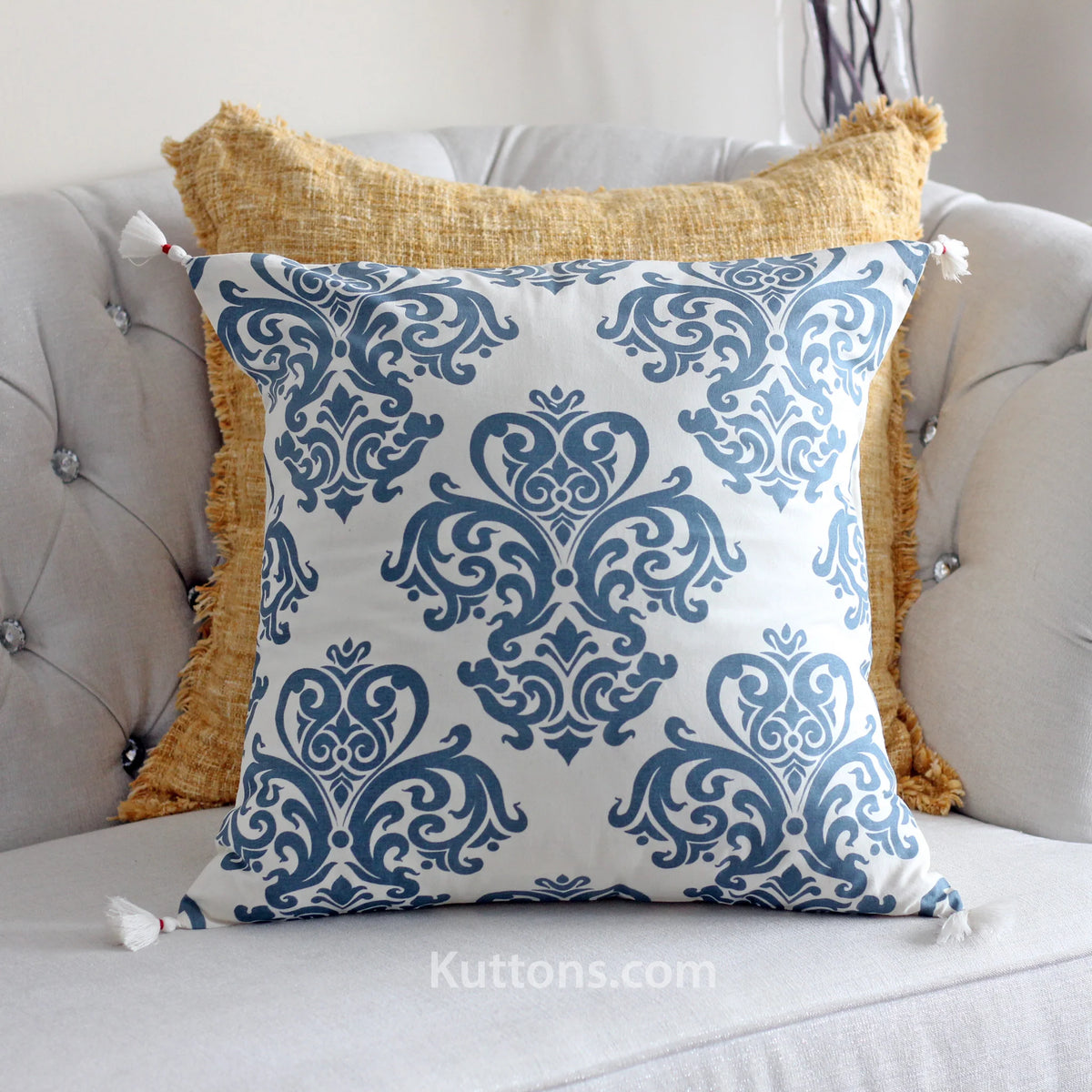 100 Cotton Throw Pillow Cover Hand Screen Printed with Damask Motif Corner Tassels Cream Blue Set of 2 20x20