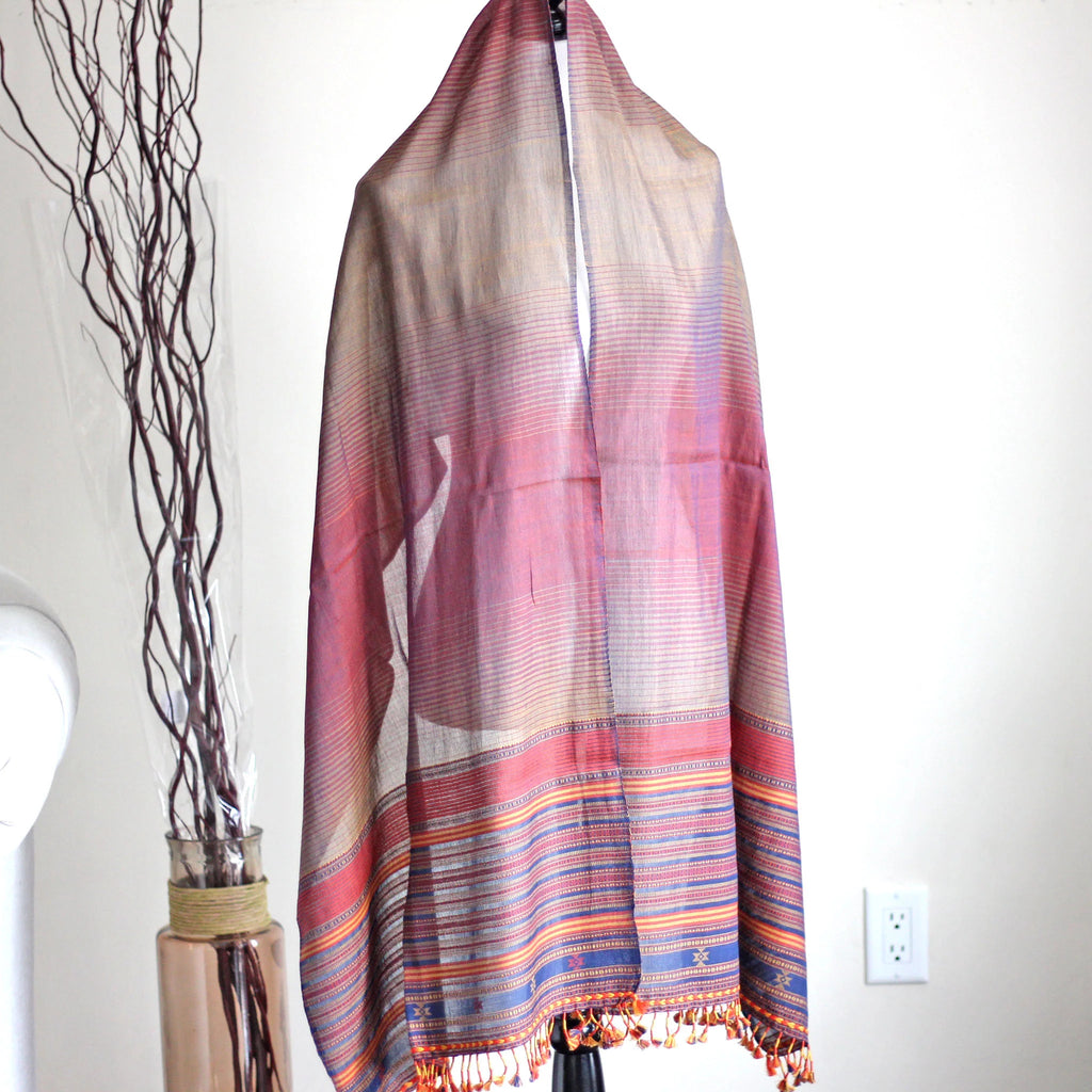 Handwoven Cotton Stole Wrap with Tassels Maroon Golden Brown Olive 23x84