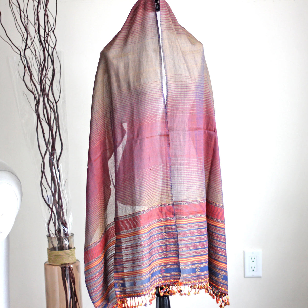 Handwoven Cotton Stole Wrap with Tassels Maroon Golden Brown Olive 23x84
