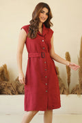 Sassy Button Down Linen Midi Shirt Dress with Lapel Collar Belt Pockets Scarlet Red Sleeveless Linen Tunic Dress