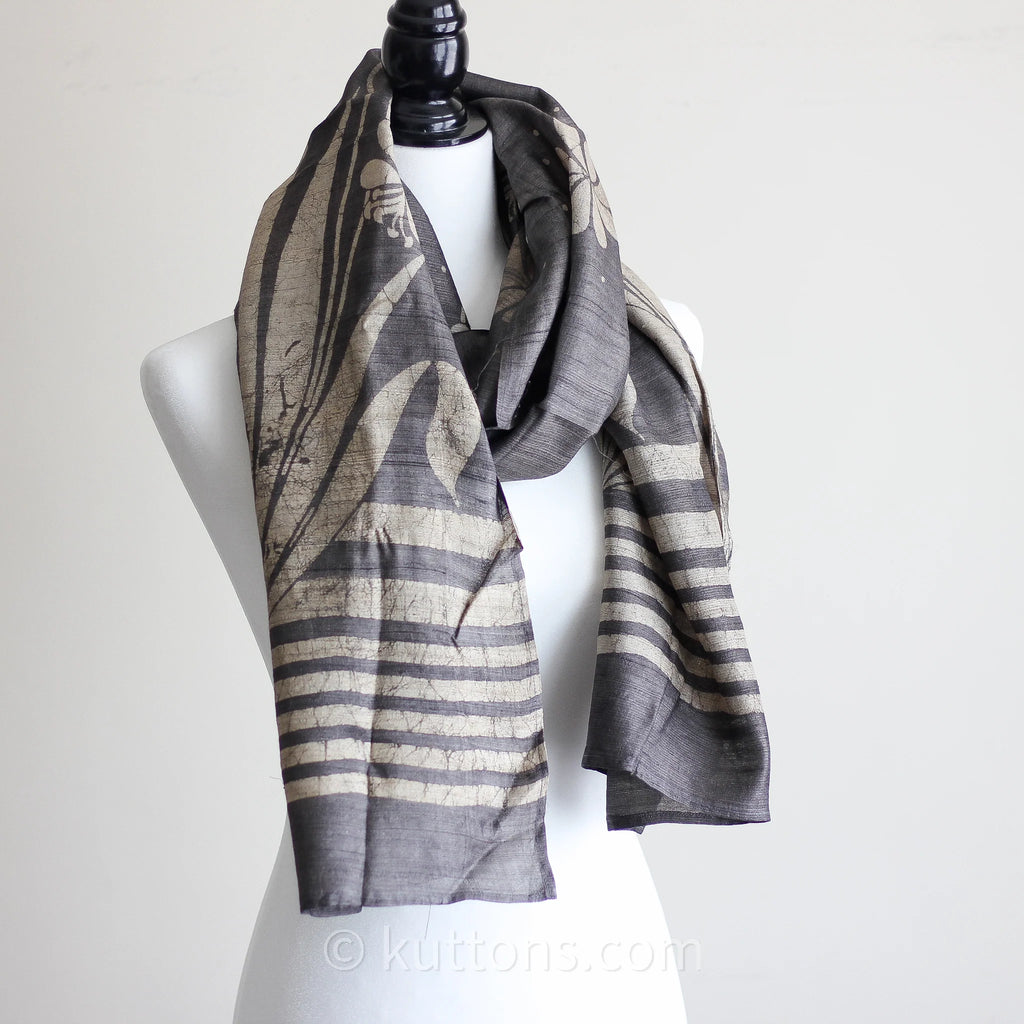 100 Pure Tussar Silk Stole Handwoven Naturally Dyed Block Art Print Grey 22x71