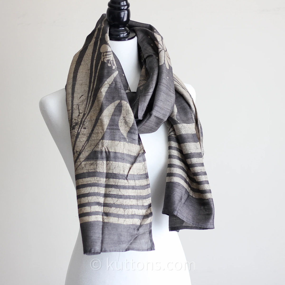 100 Pure Tussar Silk Stole Handwoven Naturally Dyed Block Art Print Grey 22x71