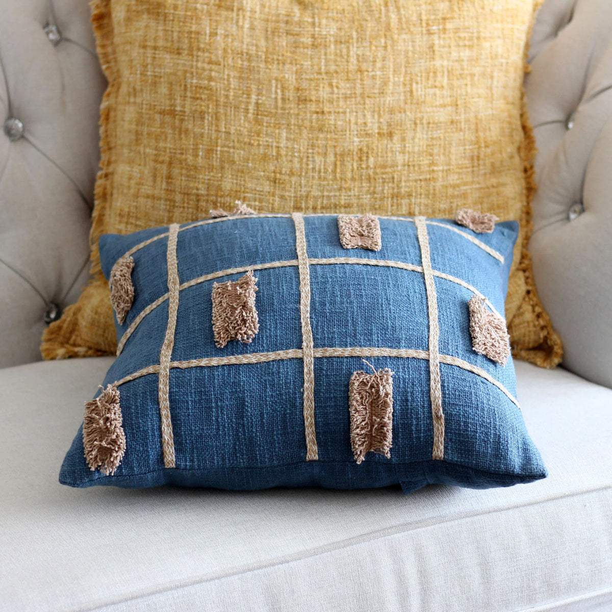 Handcrafted Square Box Cotton Jute Throw Pillow Cover Decorative Cushions Blue 16x16
