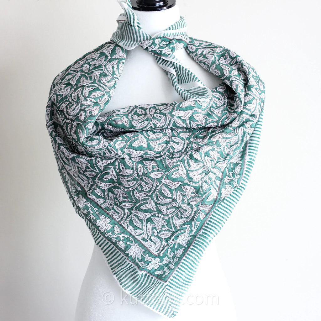 Sanganeri Hand Block Printed Mul Cotton Bandana Soft Lightweight Airy Scarf Green 46x42