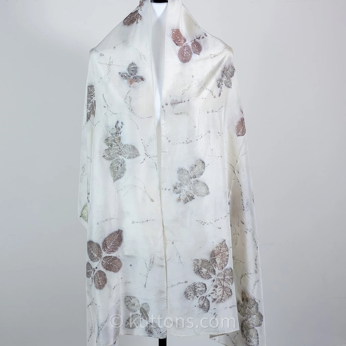Pure Mulberry Silk Stole Eco Printed with Rose Leaves Featherweight Scarf Brown 21x72