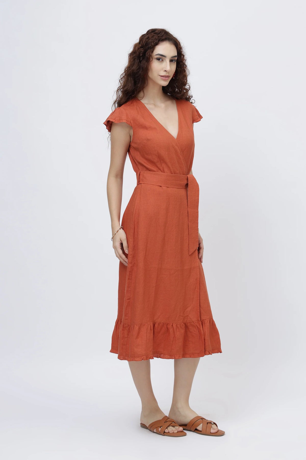 Flutter Sleeve Linen Wrap Midi Dress European Linen