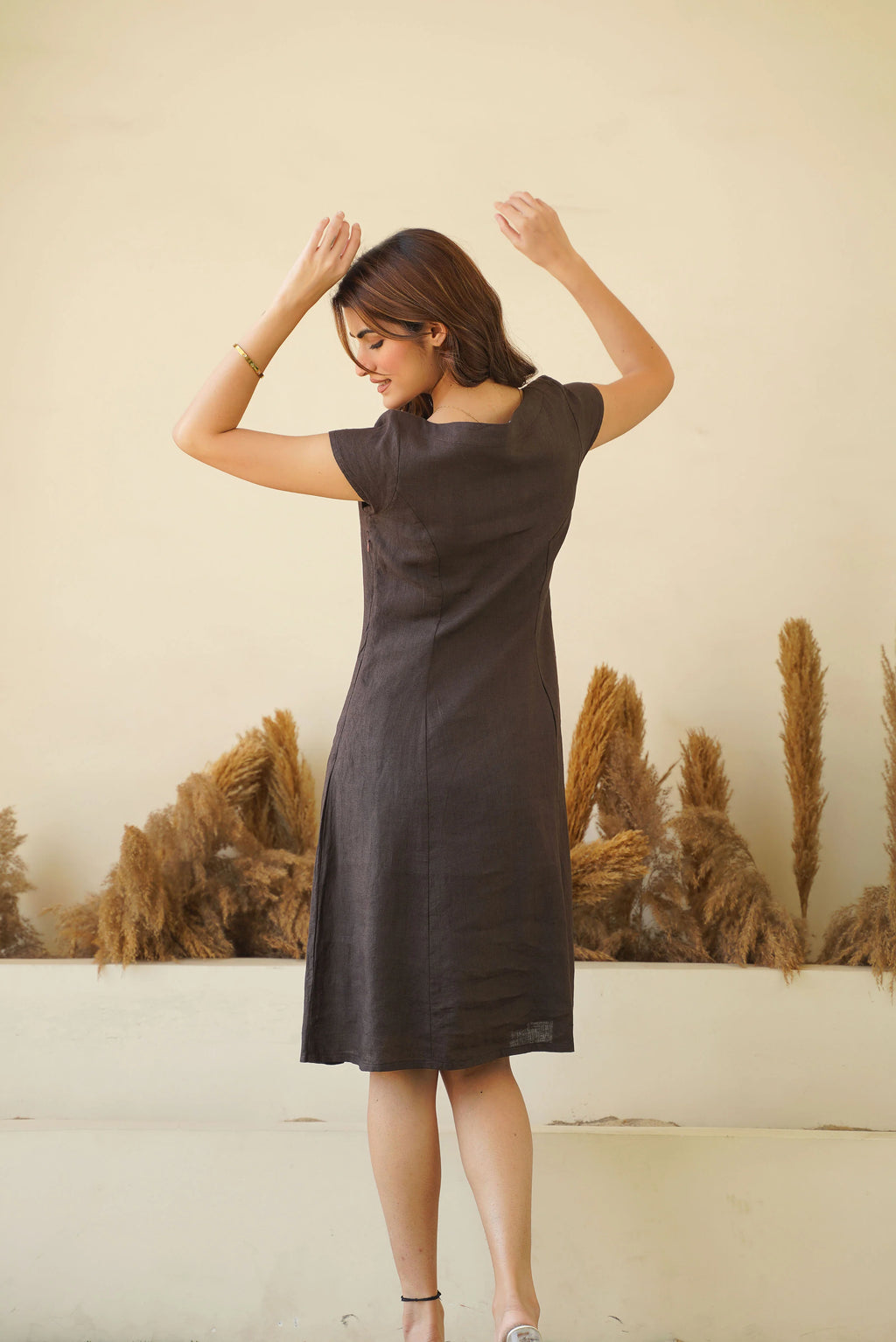 Brown Bliss Linen Dress with Cap Sleeves Boat Neck Princess Seams Short Linen Tunic Dress
