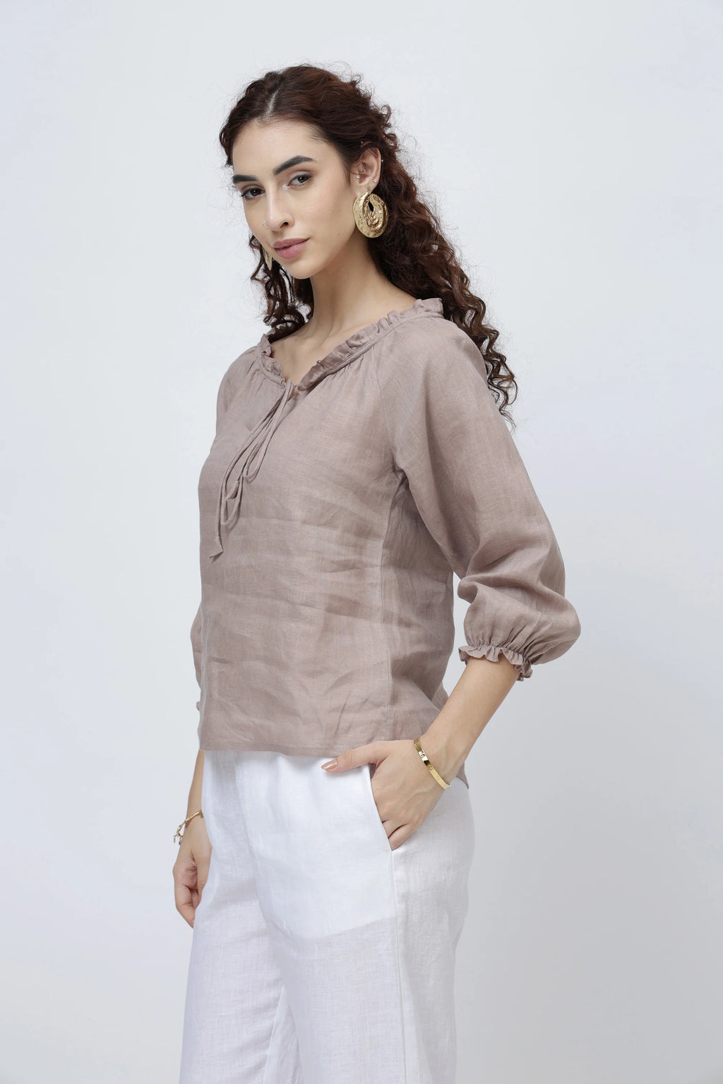 Signature Linen Tie Neck Top Soft Ruffle Collar Sleeves
