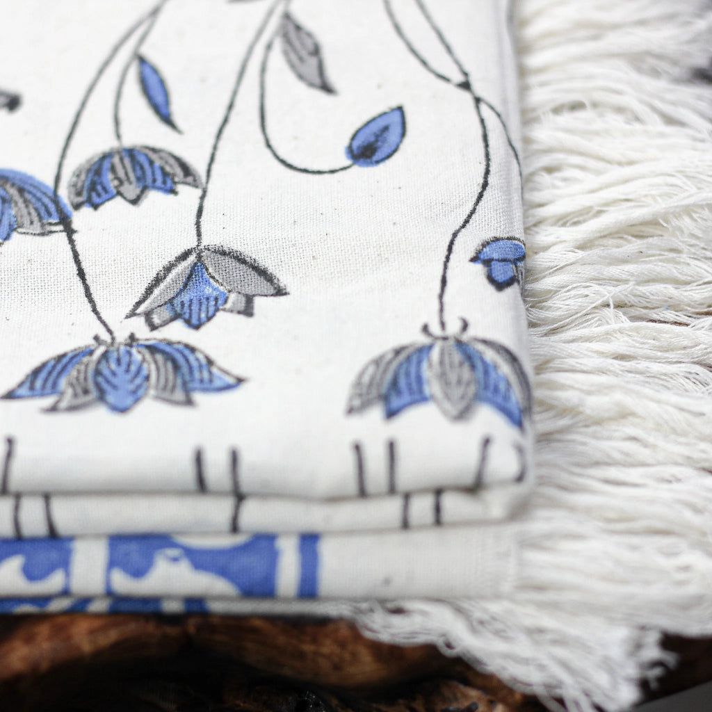 Hand Block Printed Handwoven Decorative Cotton Bath Towel White Blue 29x62