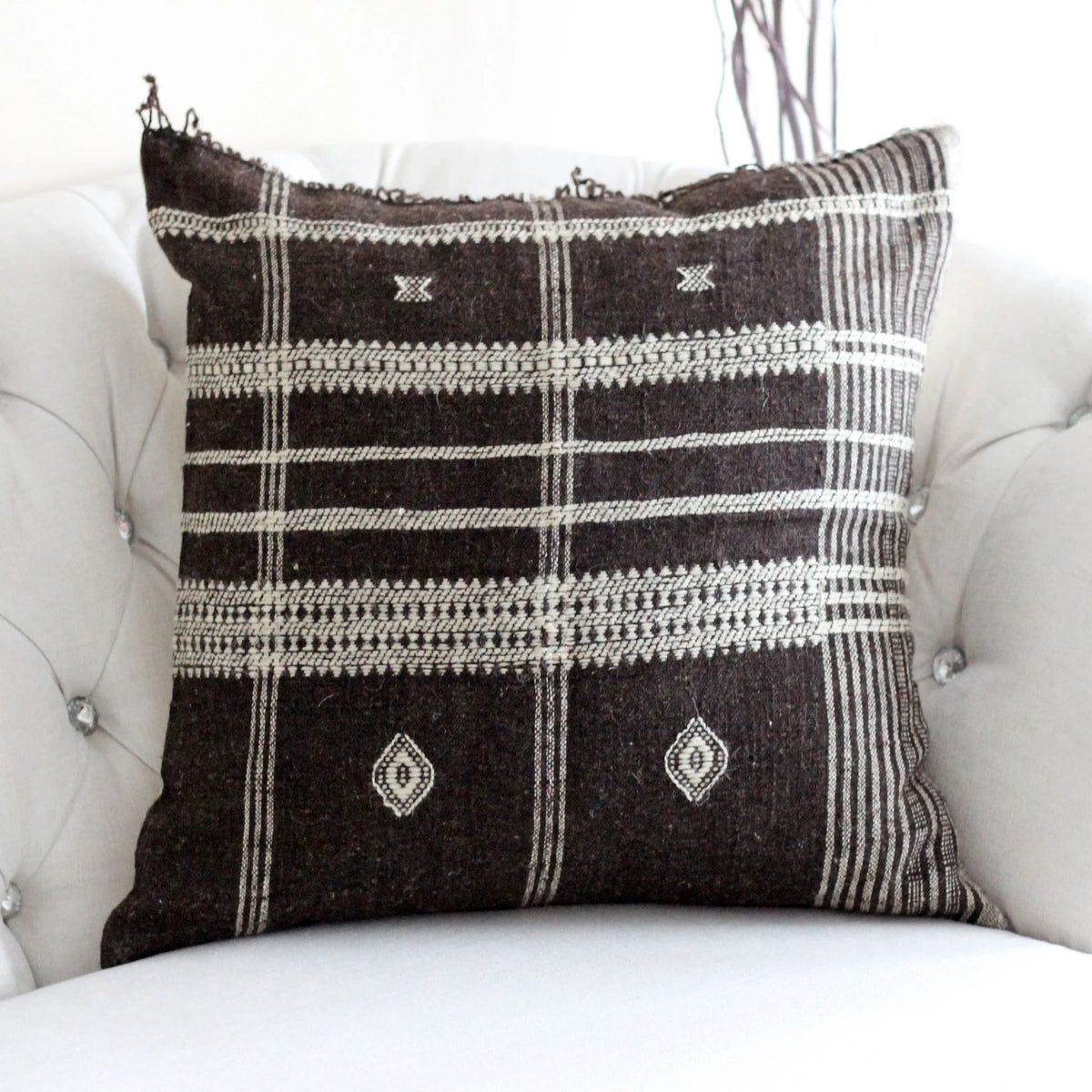 Handmade Bhujodi Throw Pillow Cover Rustic Wool Cotton Cushion Brown 22x22