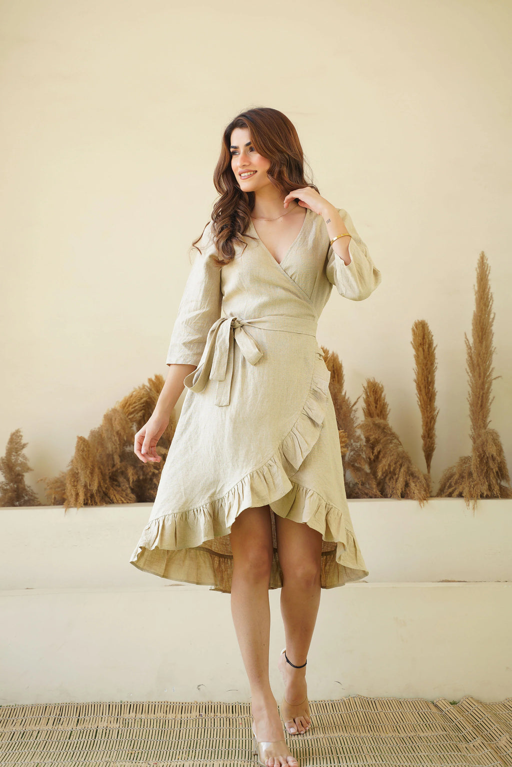 Natural Linen Wrap Dress with Frills Waist Belt Long Sleeve Linen Midi Dress with Pockets