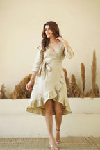 Natural Linen Wrap Dress with Frills Waist Belt Long Sleeve Linen Midi Dress with Pockets