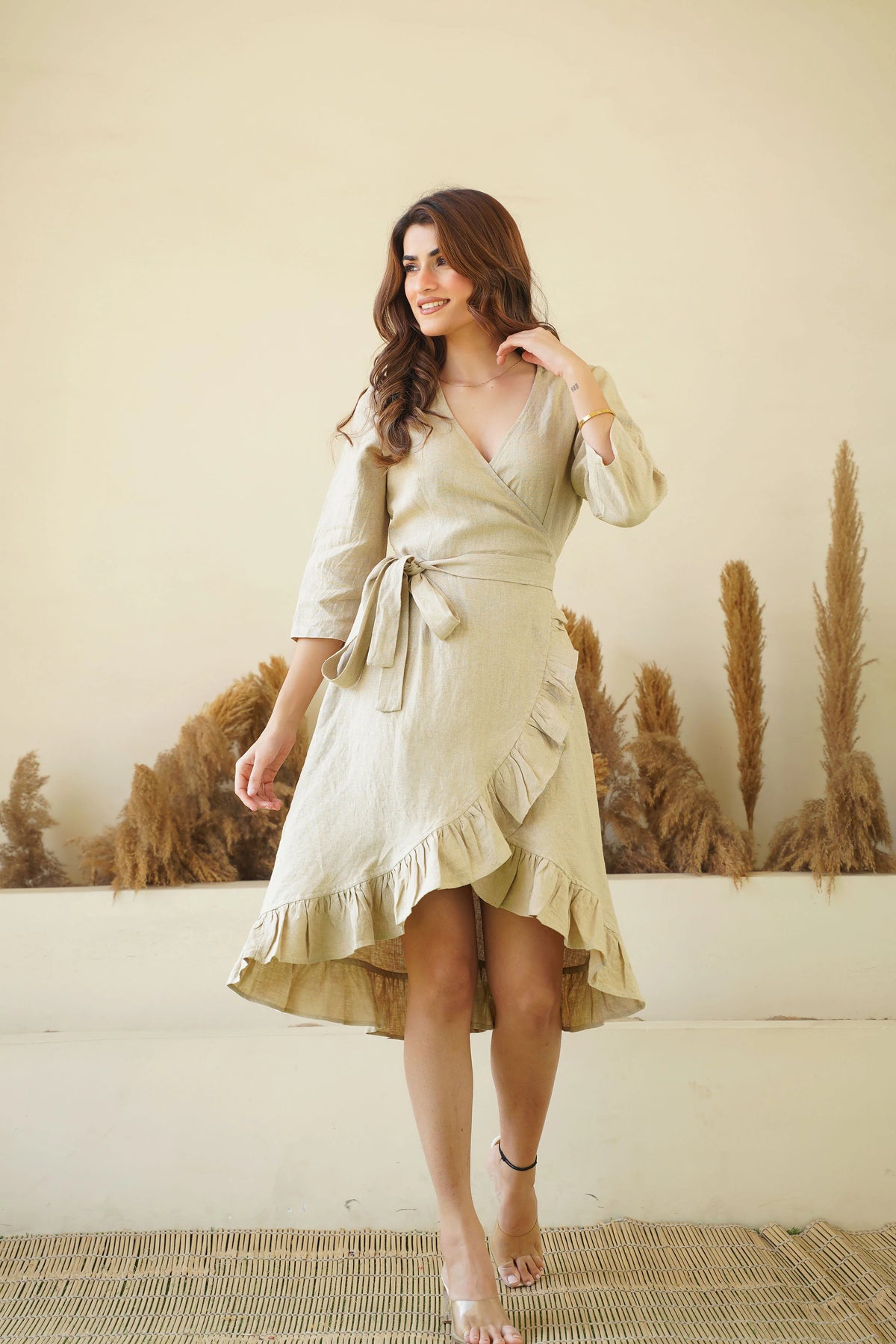 Natural Linen Wrap Dress with Frills Waist Belt Long Sleeve Linen Midi Dress with Pockets