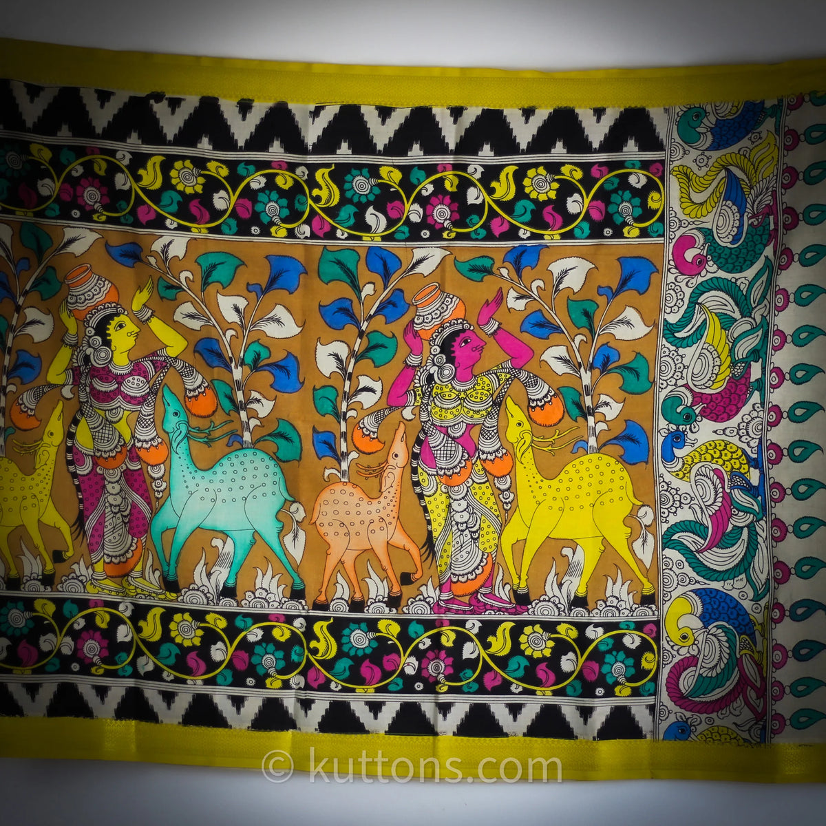 Hand Painted Kalamkari Cotton Wrap Cum Art Decor Depicting Ethnic Women with Deers Natural Colours Multicolour 36x94