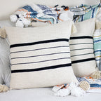 Handmade Textured Cotton Striped Pillow Cover Large Corner Tassels Cream 18x18 Square