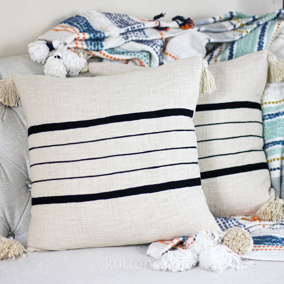 Handmade Textured Cotton Striped Pillow Cover Large Corner Tassels Cream 18x18 Square