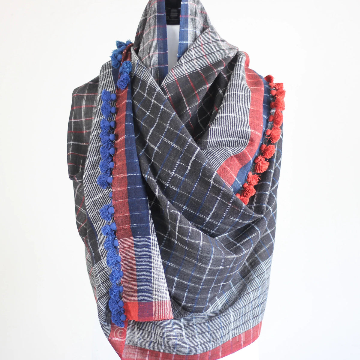 Eco Chic Elegance Handspun Handwoven Organic Cotton Scarf Dyed Naturally Empowering Women Weavers Blue Red 24x76