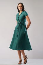 Tailored European Linen Midi Shirt Dress with Tie Waist