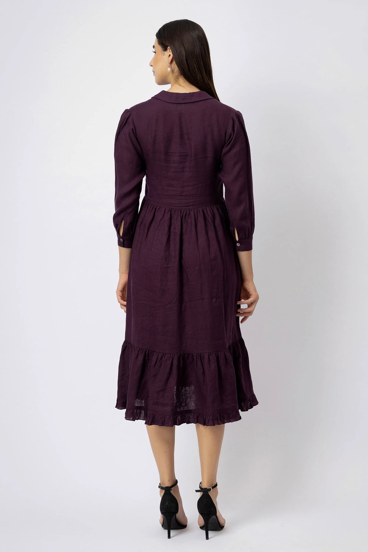 Tiered Button Front Midi Dress in European Linen Gathered Midi Shirt Dress