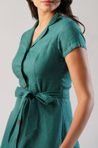 Tailored European Linen Midi Shirt Dress with Tie Waist