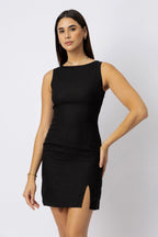 Sculpted Open Back Sleeveless Linen Mini Dress Low Scoop Back with Delicate Tie Detail