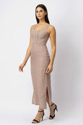 Linen Figure Hugging Midi Dress Scoop Neck with Pintuck Bodice