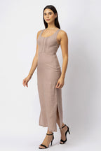 Linen Figure Hugging Midi Dress Scoop Neck with Pintuck Bodice
