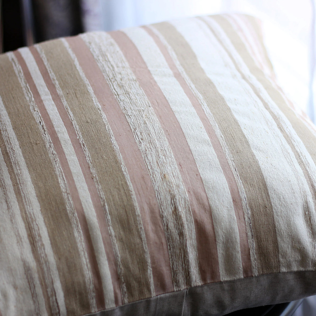 Handwoven Silk Textured Stripe Pillow Cushion Cover Coconut Shell Button Cream Golden Brown 21x21
