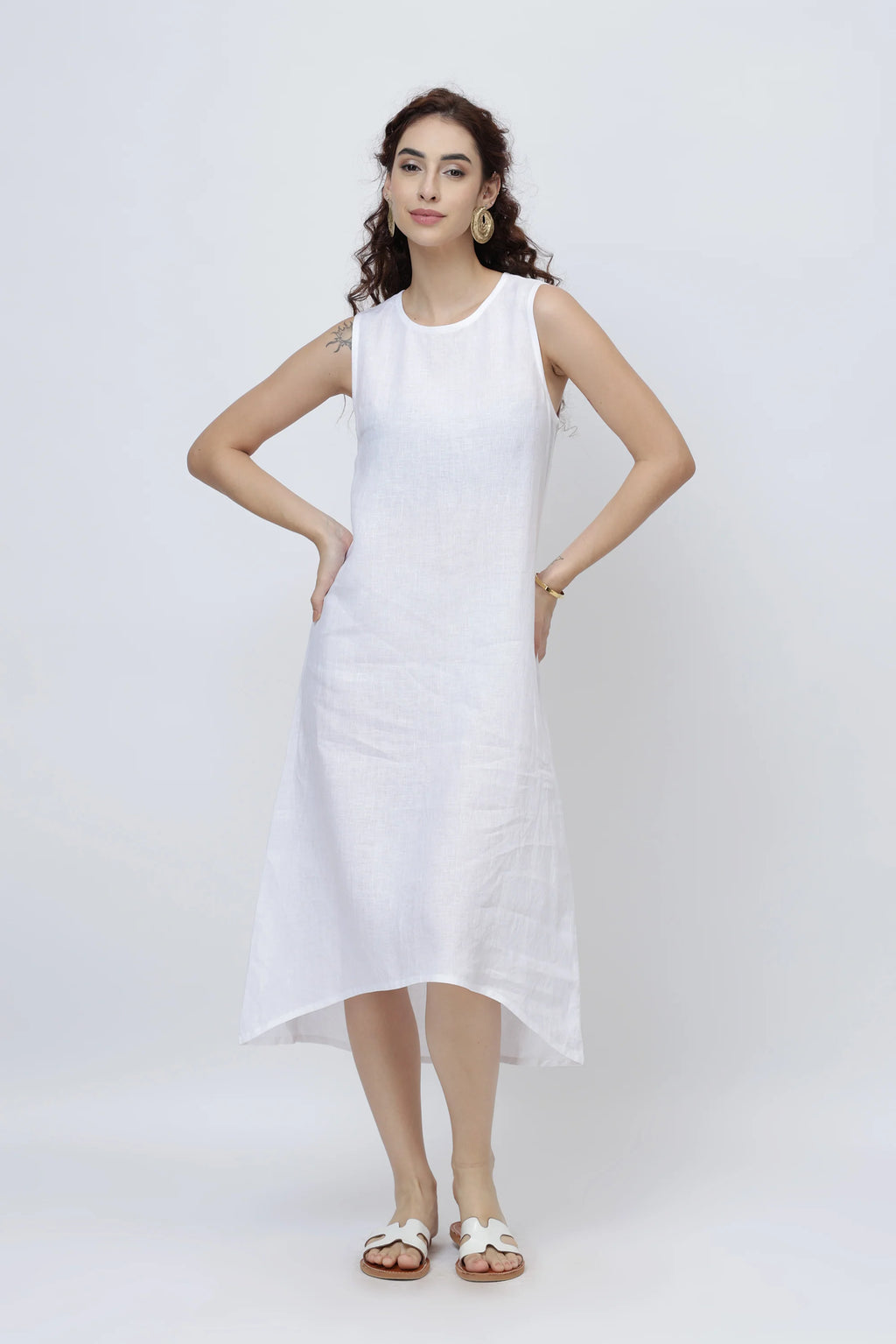 Effortless Linen Shift Midi Dress with High Low Hem