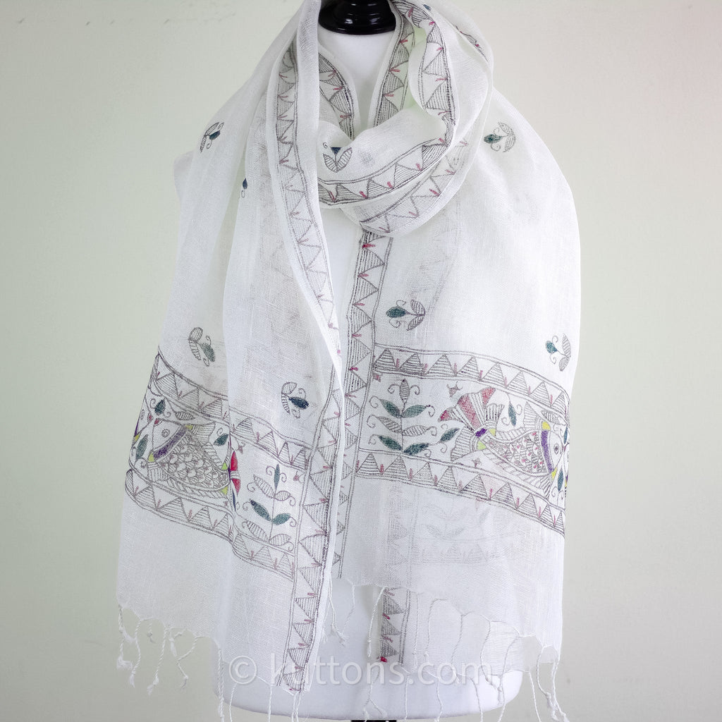 Hand Painted Ethnic Madhubani Linen Wrap with Tassels Tribal Motifs Fish White 20x80