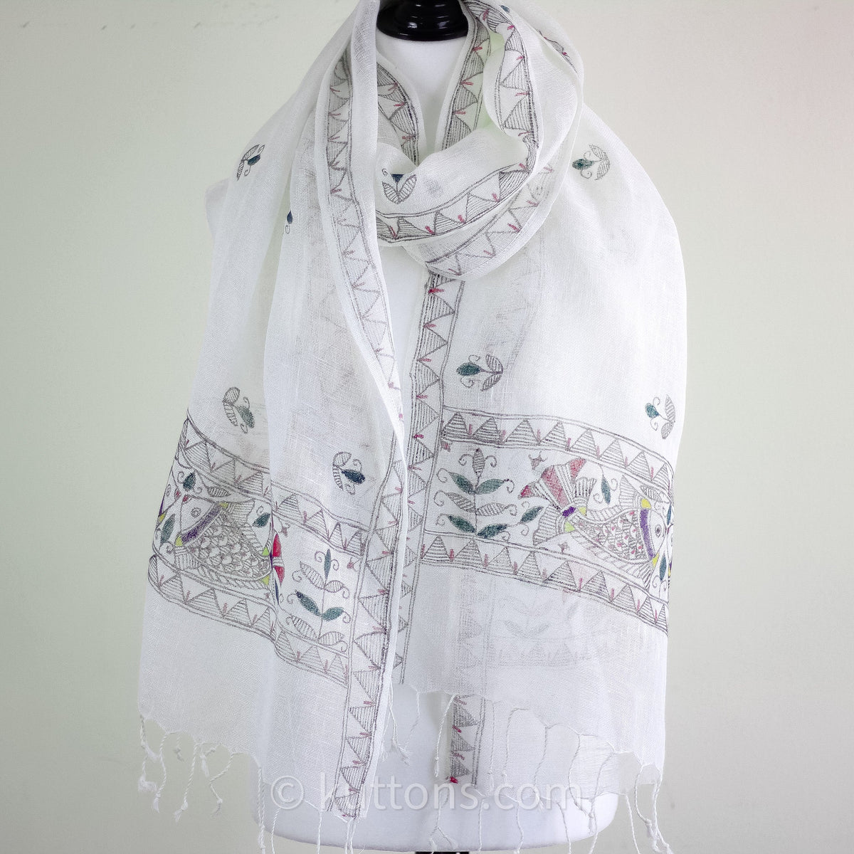 Hand Painted Ethnic Madhubani Linen Wrap with Tassels Tribal Motifs Fish White 20x80