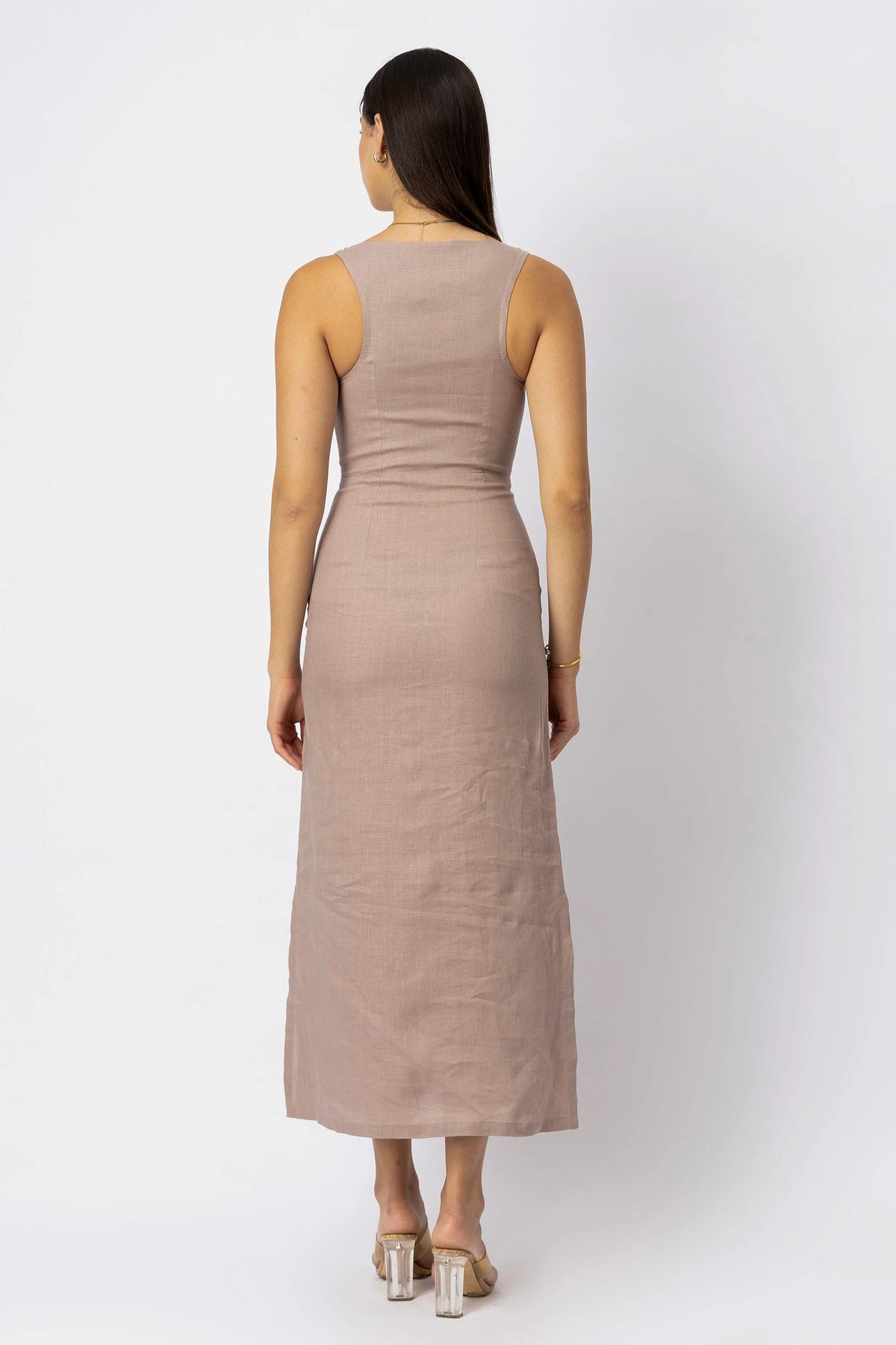 Linen Figure Hugging Midi Dress Scoop Neck with Pintuck Bodice
