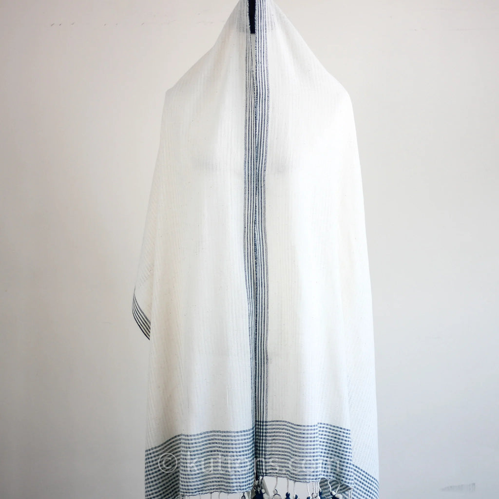 Organic Cotton Wrap Dyed with Natural Dyes Handspun Handwoven by Women Weavers White Blue 25x82