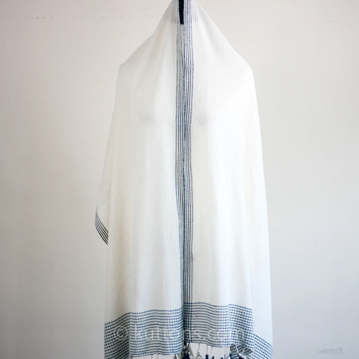 Organic Cotton Wrap Dyed with Natural Dyes Handspun Handwoven by Women Weavers White Blue 25x82
