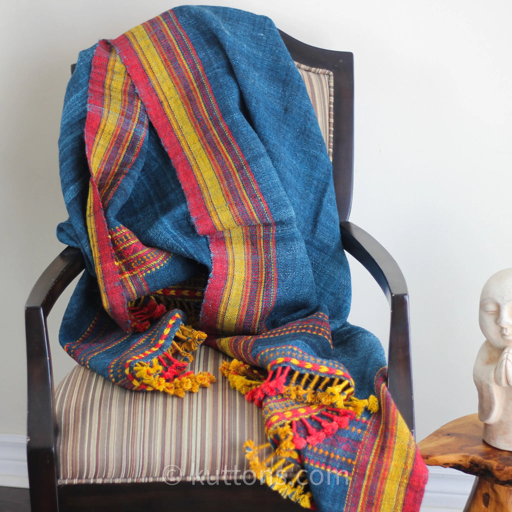 Handspun Handwoven Multipurpose Ethnic Shawl cum Throw Sheep Wool Blue 37x82