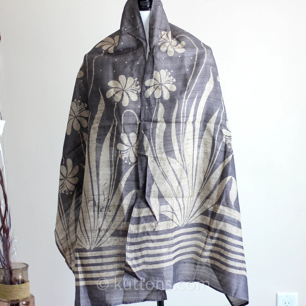 100 Pure Tussar Silk Stole Handwoven Naturally Dyed Block Art Print Grey 22x71
